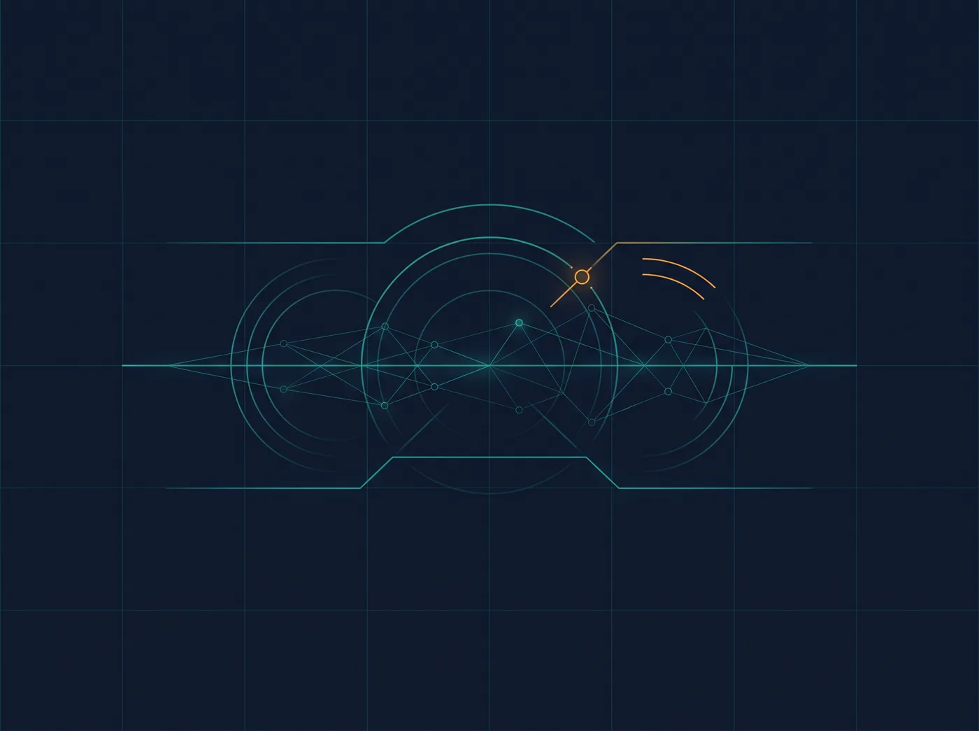 Abstract editorial illustration in navy and teal combining glass-cockpit instrument geometry with a network of interconnected cognition nodes